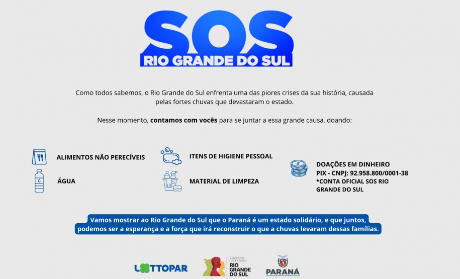 Lottopar é ponto de arrecadação de donativos para as vítimas das enchentes no Rio Grande do Sul